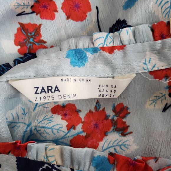 Zara Keyhole Neck Ruffle Trim Blouse Blue Floral Long Sleeve XS - Picture 9 of 10